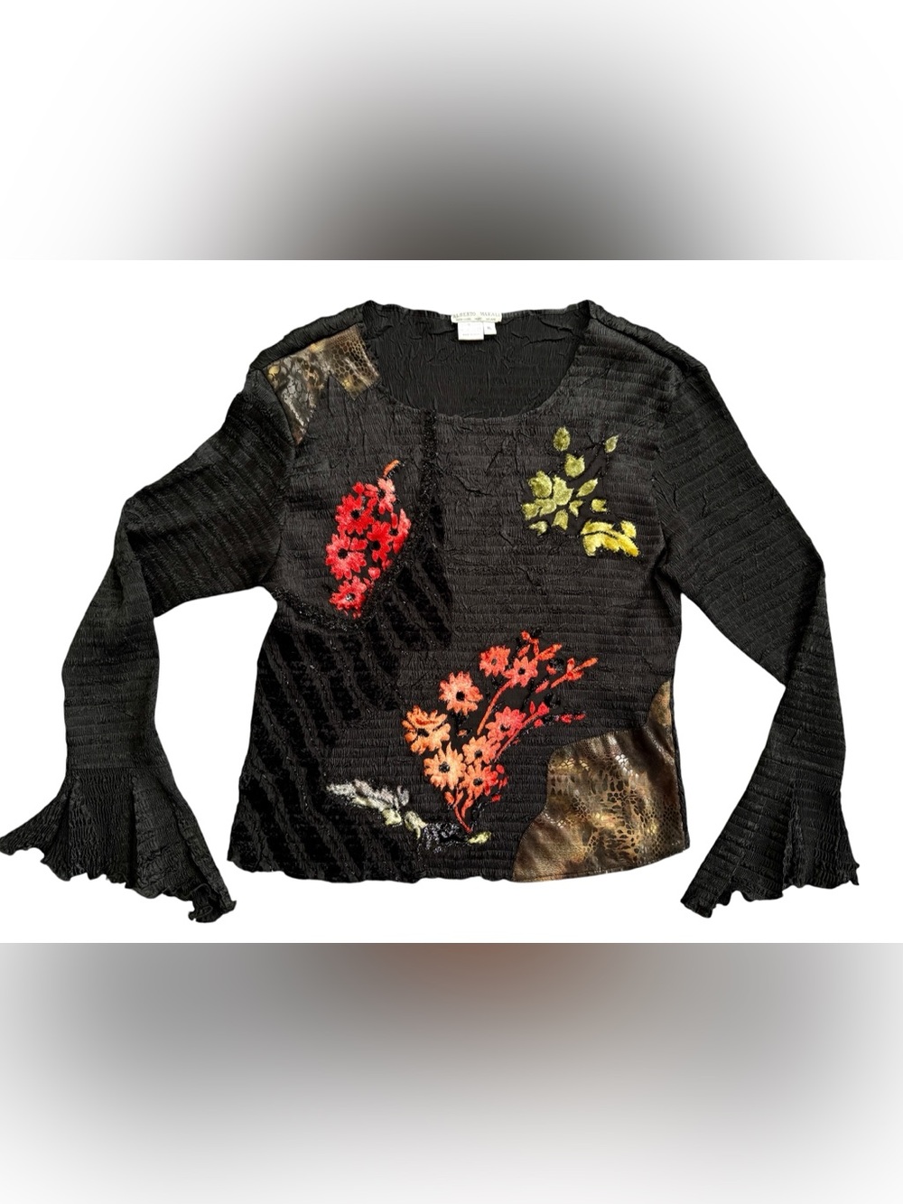 Alberto Makali Black Top with Red, Orange & Green Floral Embroidery
